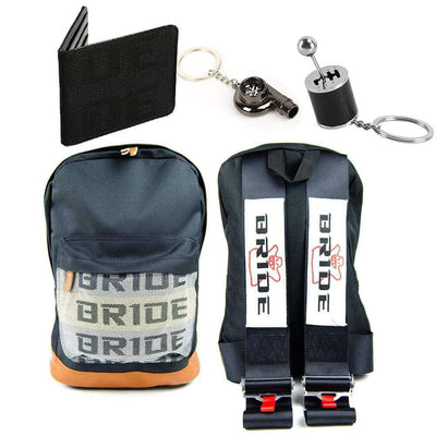 Black Straps BRIDE Bundle including a backpack, black BRIDE racing wallet, black gear shift keychain, and black turbo keychain.