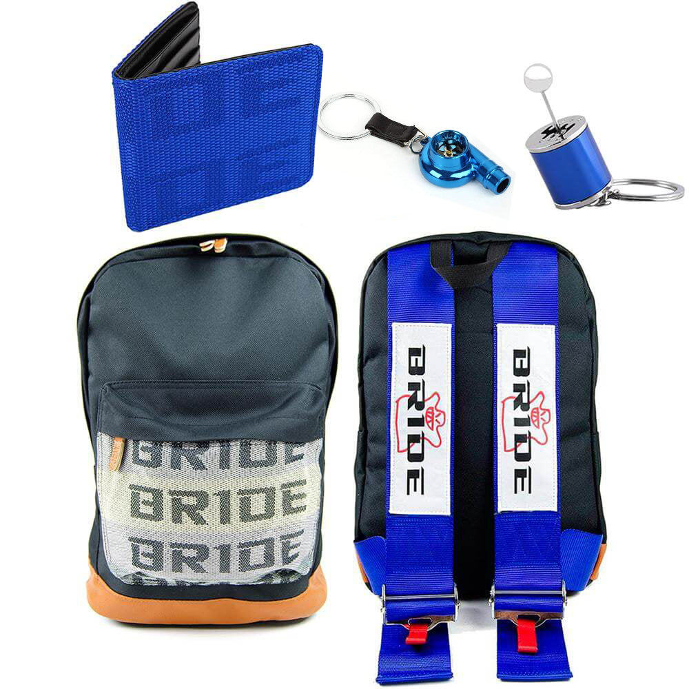 Blue BRIDE racing wallet with black leather interior, featuring authentic racing seat fabric, ideal for car enthusiasts.