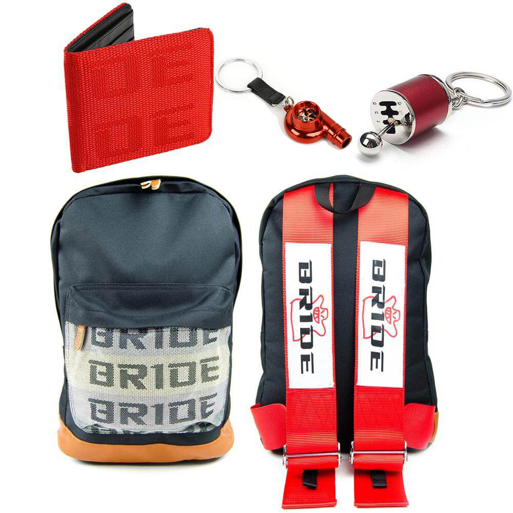 Red Straps BRIDE Bundle including a backpack, red BRIDE racing wallet, red gear shift keychain, and red turbo keychain.