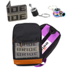 Purple Straps BRIDE Bundle including a backpack, grey BRIDE racing wallet, black gear shift keychain, and rainbow turbo keychain.