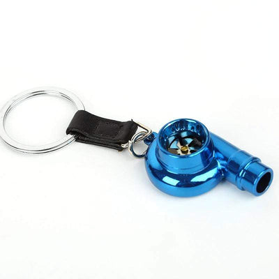 Blue turbo keychain with realistic rotating turbine, perfect for car enthusiasts, made of durable metal.