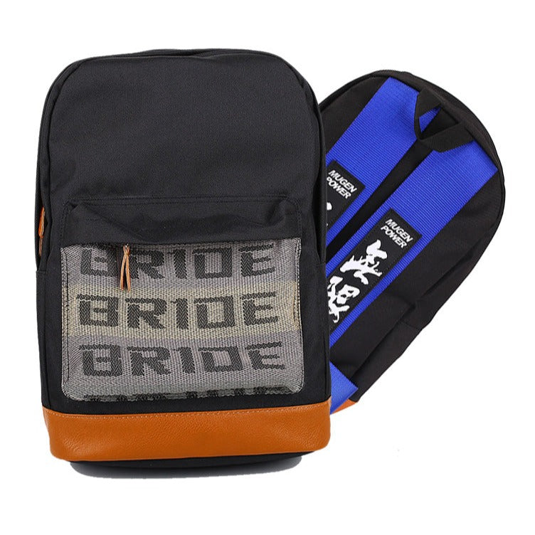 Bride Backpack is designed with blue authentic ultra-strong racing harness shoulder straps. It features 'BRIDE' racing material on the front pocket and durable brown leather bottom.