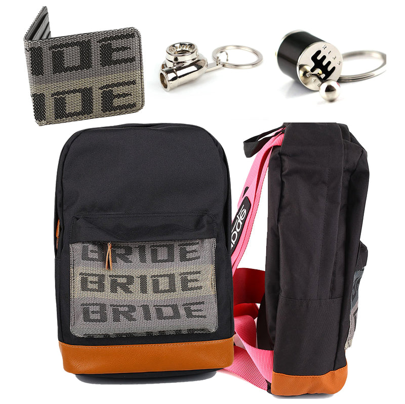 JDM Racing Backpack with black straps, Bride wallet, black gearshift keychain, black turbo keychain