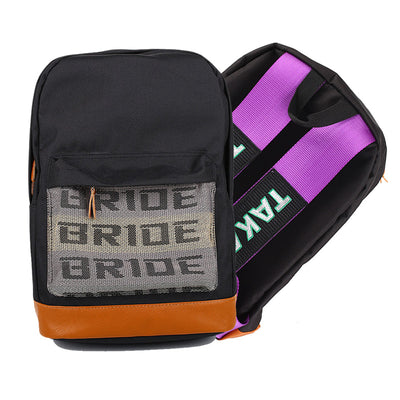 Bride Racing Backpack with purple harness straps on a white background
