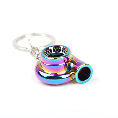 Rainbow turbo keychain with realistic rotating turbine, perfect for car enthusiasts, made of durable metal.