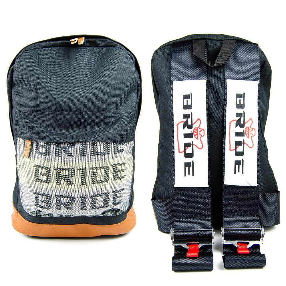 Bride Backpack is designed with black authentic ultra-strong racing harness shoulder straps. It features 'BRIDE' racing material on the front pocket and durable brown leather bottom.