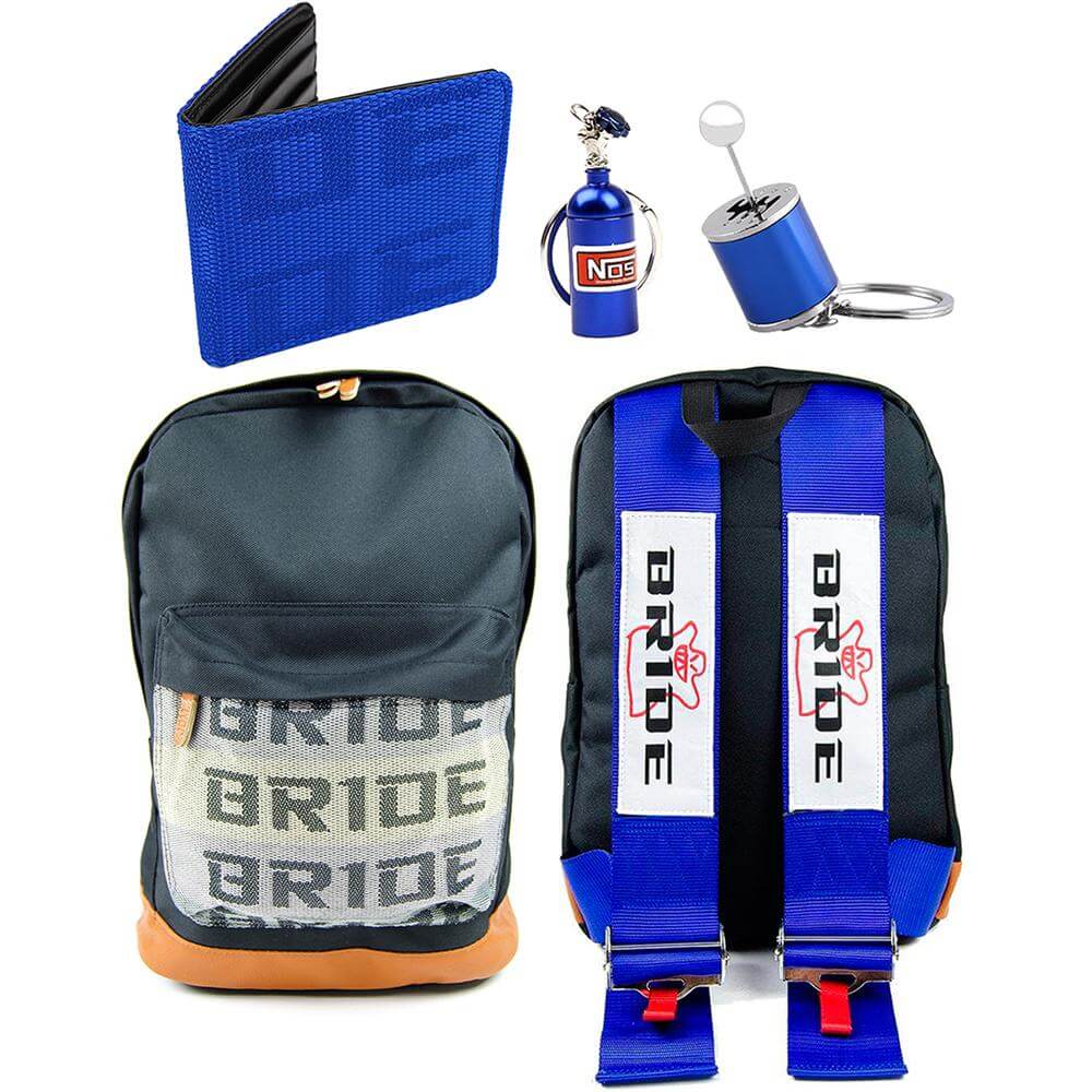 bride bundle blue that includes bride backpack, bride wallet, gear shift keychain, and nos bottle keychain, back to school, car guy accessories