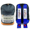 Bride Backpack is designed with blue authentic ultra-strong racing harness shoulder straps. It features 'BRIDE' racing material on the front pocket and durable brown leather bottom.