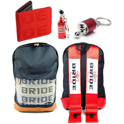 bride bundle red that includes bride backpack, bride wallet, gear shift keychain, and nos bottle keychain, back to school, car guy accessories