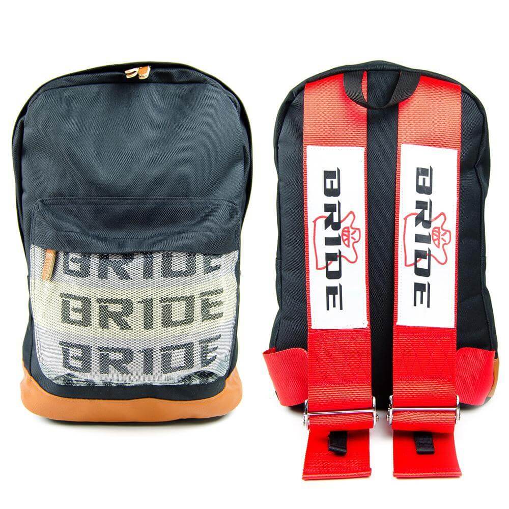 Bride Backpack is designed with red authentic ultra-strong racing harness shoulder straps. It features 'BRIDE' racing material on the front pocket and durable brown leather bottom.