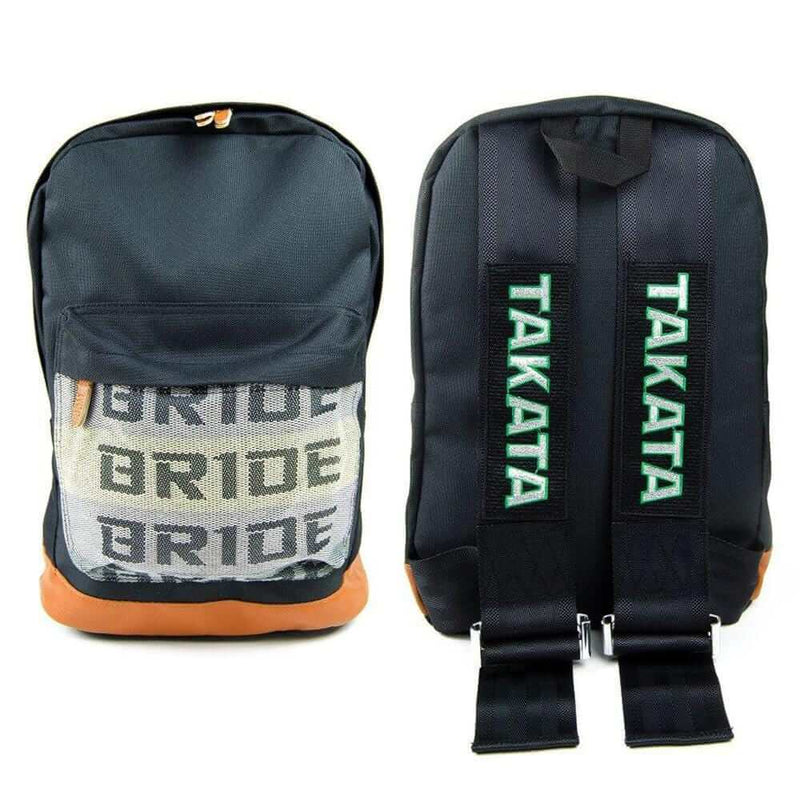 jdm backpack with black racing harness shoulder straps, bride backpack, car bag, school backpack, fd racing wallet, gearshift keychain, back to school