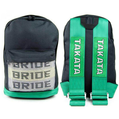 JDM backpack with green racing harness shoulder straps and green padded base, car backpack, bride racing backpack, best school backpack for boys