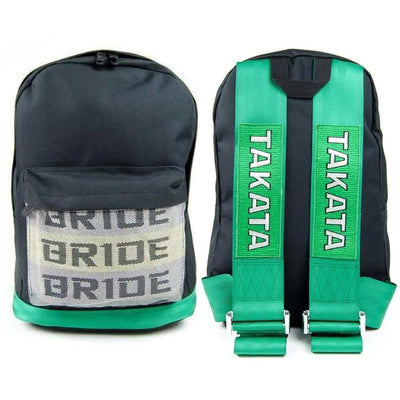 jdm backpack with green racing harness shoulder straps, bride backpack, car bag, school backpack, back to school