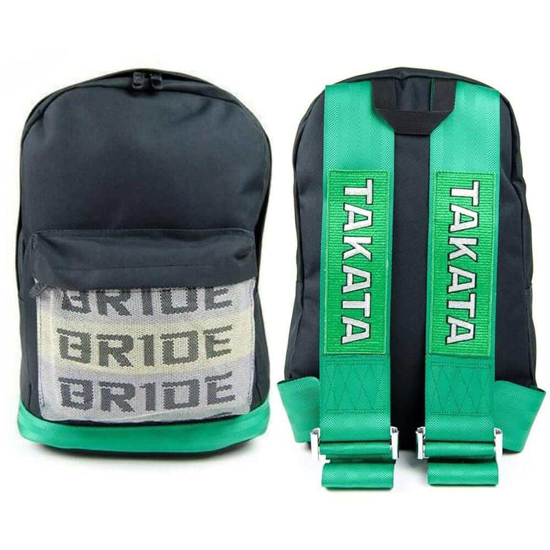 jdm backpack with green racing harness shoulder straps, bride backpack, car bag, school backpack, green fd racing wallet, gearshift keychain, back to school