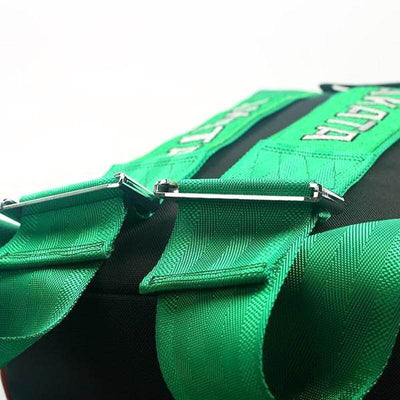 JDM backpack with green racing harness shoulder straps and green padded base, car backpack, bride racing backpack, best school backpack for boys
