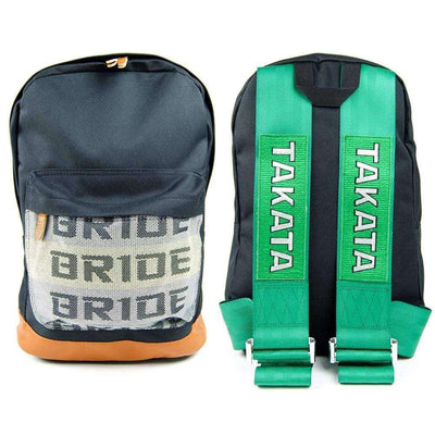 jdm backpack with green racing harness shoulder straps, bride backpack, car bag, school backpack, back to school