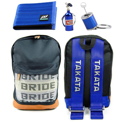 jdm backpack with blue racing harness shoulder straps, bride backpack, car bag, school backpack, fd racing wallet, gearshift keychain, back to school