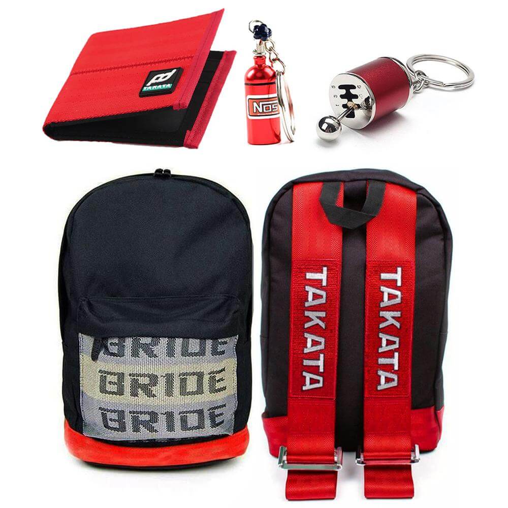jdm backpack with red racing harness shoulder straps, bride backpack, car bag, school backpack, fd racing wallet, gearshift keychain, back to school