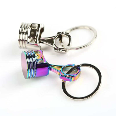piston keychains, neo chrome and silver chrome keychains, jdm accessories, car guy gifts