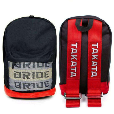 jdm backpack with red racing harness shoulder straps, bride backpack, car bag, school backpack