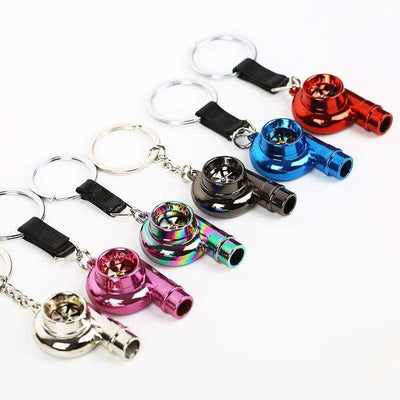 turbo whistle keychains in silver, purple, neo chrome, black, blue and red colors. jdm keychains, car keychains, car guy gift